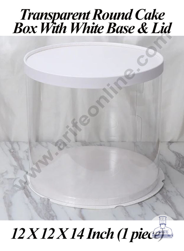 CAKE DECOR™ 1 Piece Transparent Round Cake Box With White Base & Lid | Gift Box | Hamper Box | Pinata Box - (12 X 12 X 14 Inch)