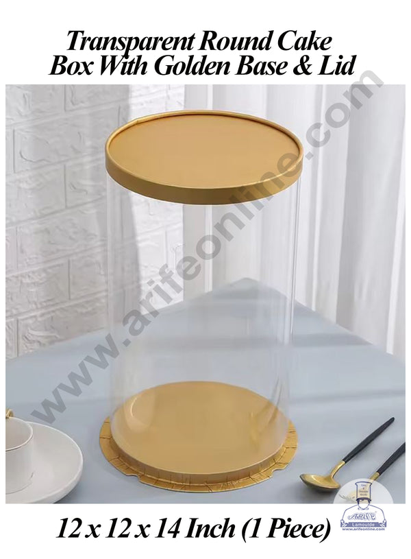 CAKE DECOR™ 1 Piece Transparent Round Cake Box With Golden Base & Lid | Gift Box | Hamper Box | Pinata Box - (12 X 12 X 14 Inch)