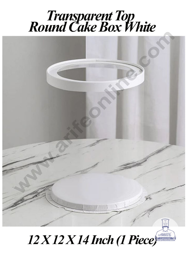 CAKE DECOR™ 1 Piece Transparent Top Round Cake Box White | Gift Box | Hamper Box | Pinata Box - (12 X 12 X 14 Inch)