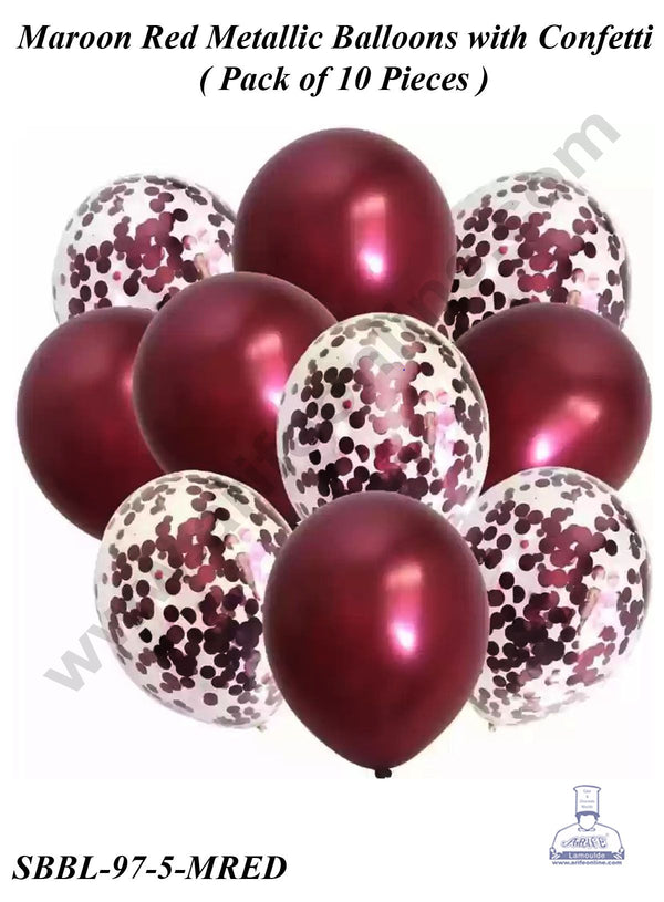Cake Decor™ Maroon Red Metallic Balloons with Confetti Balloons Set ( Pack of 10 Pcs )