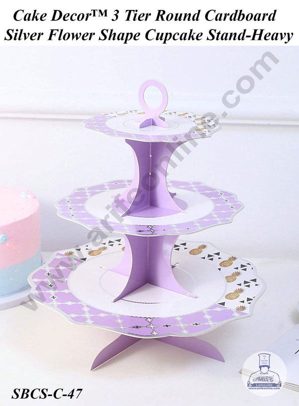 Cake Decor™ 3-Tier Round Cardboard Silver Flower Shape Cupcake Stand-Heavy