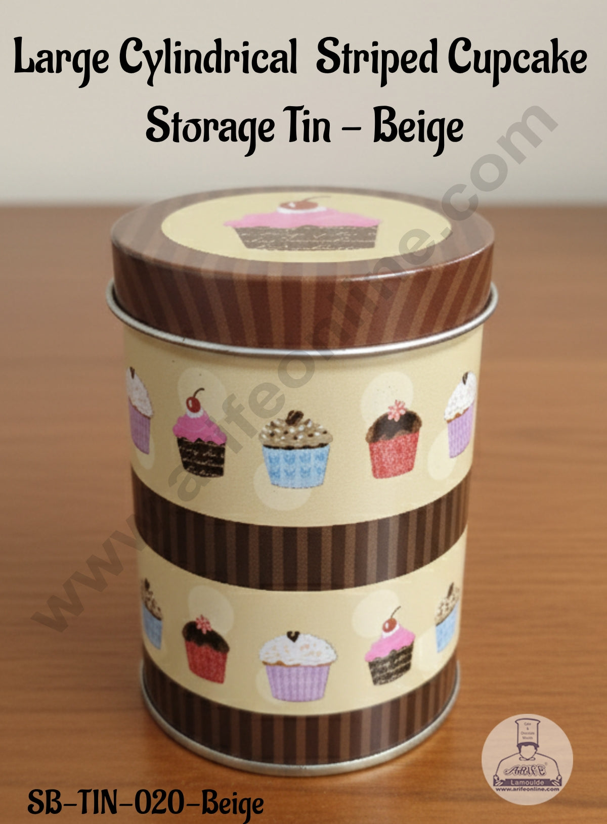 CAKE DECOR™ Large Cylindrical Striped Cupcake Storage Tin Beige