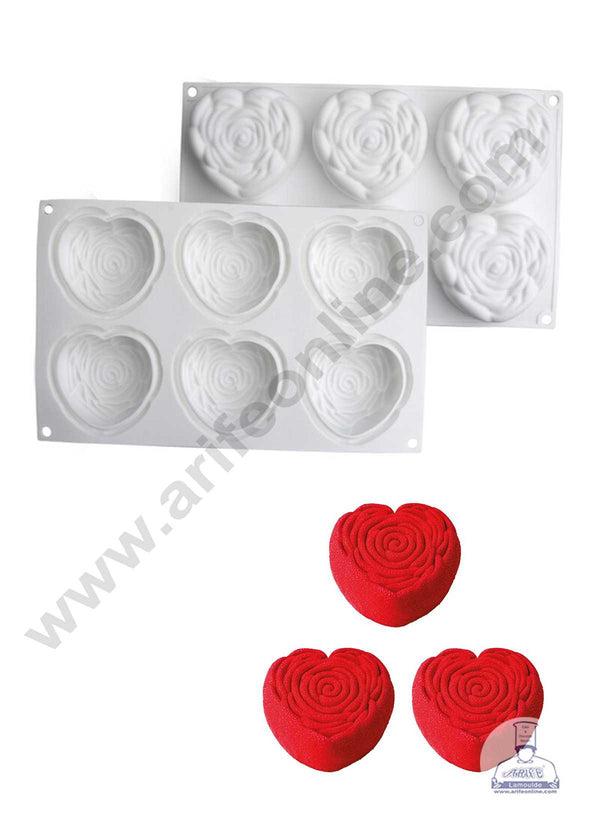 CAKE DECOR™ 6 Cavity Rose Texture Heart Shape Silicone Mould Cake Mould, Cupcake Mould, Candle Mould, Soap Mould, Pastry Silicone Mould