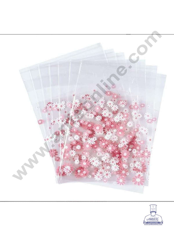 CAKE DECOR™ 10 Pcs Daisy-Print Transparent Bags for Candy,Cookies and Biscuits Packaging | Self Adhesive