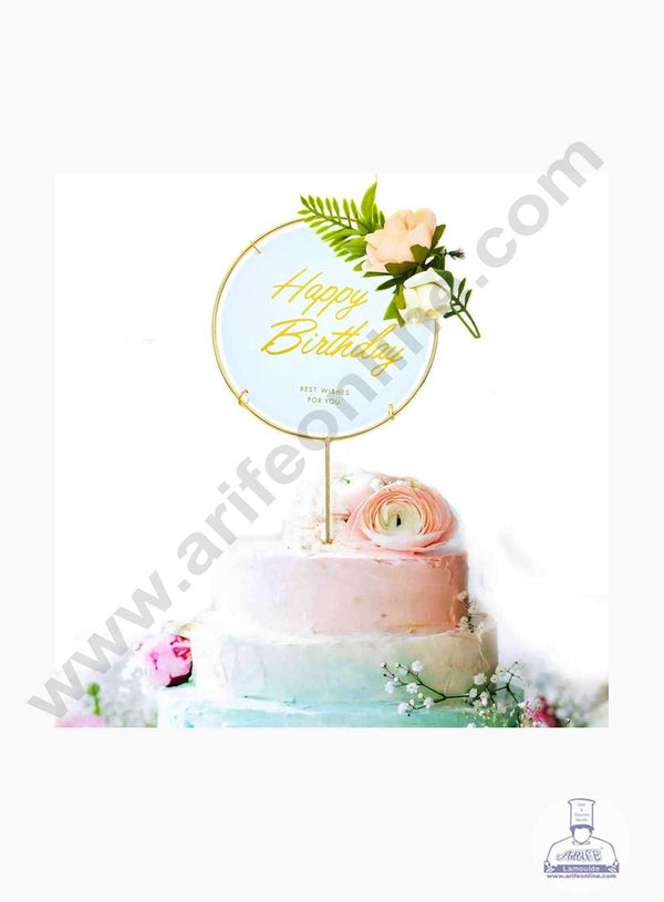 Cake Decor Round 8.5 Inch Shiny Metal Happy Birthday Cake Topper With Artificial Flowers Cake Decorating