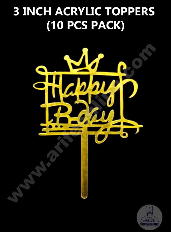 CAKE DECOR™ 3 Inch 10 pcs Golden Acrylic Cake Topper - Happy Birthday Crown ( SBMT-3INCH-11 )