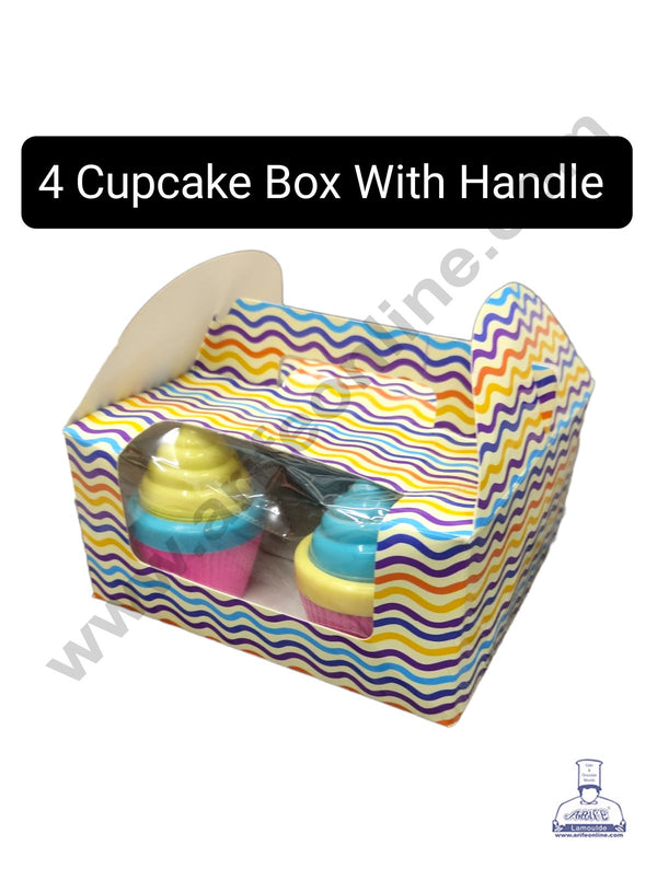 CAKE DECOR™ 4 Cavity Cupcake Printed Boxes Clear Window With Handle , Cupcake Carrier - Printed 01 ( 10 Pc Pack )