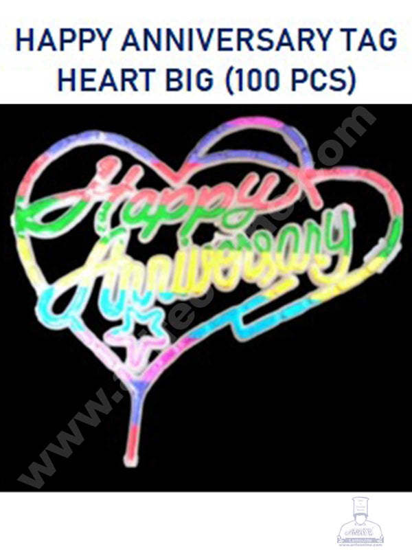 CAKE DECOR™ Multi Color Big Happy Anniversary Heart Cake Tag Cake Topper (Pack of 100 Pcs)