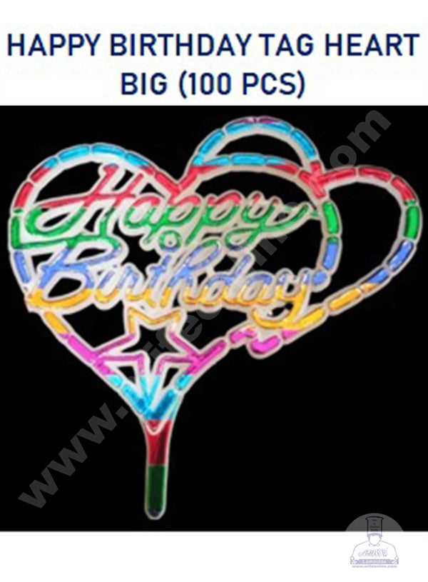 CAKE DECOR™ Multi Color Big Happy Birthday Heart Cake Tag Cake Topper (Pack of 100 Pcs)