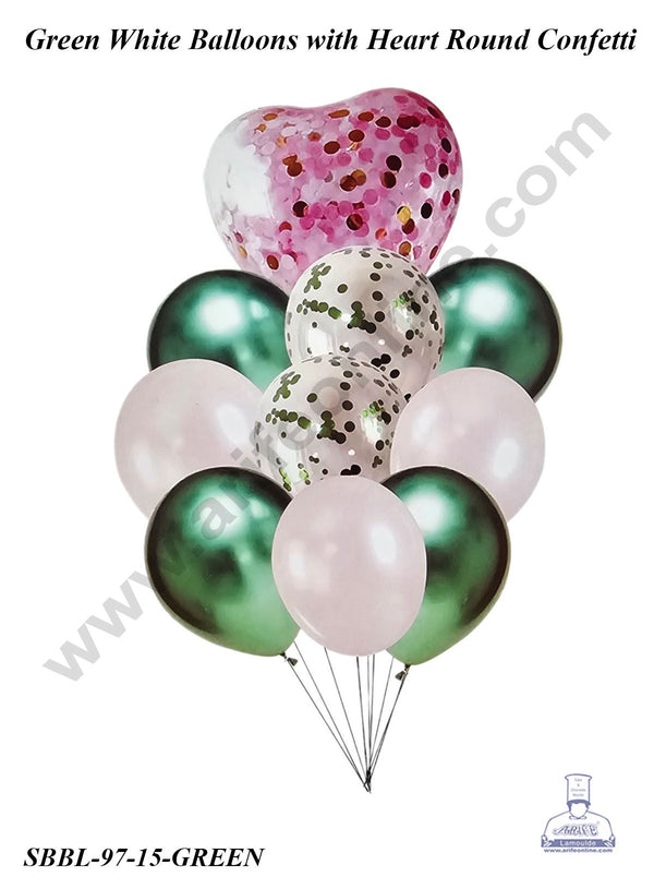 Cake Decor™ Green White Balloons wit Heart Round Confetti Balloons Set ( Pack of 10 Pcs )