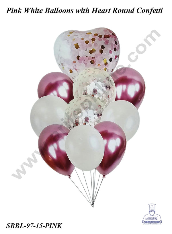 Cake Decor™ Pink White Balloons wit Heart Round Confetti Balloons Set ( Pack of 10 Pcs )