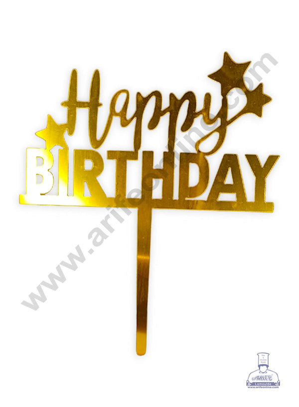 CAKE DECOR™ Gold Mirror Finishing Acrylic Happy Birthday with Stars Cake Topper SBMT-N-015