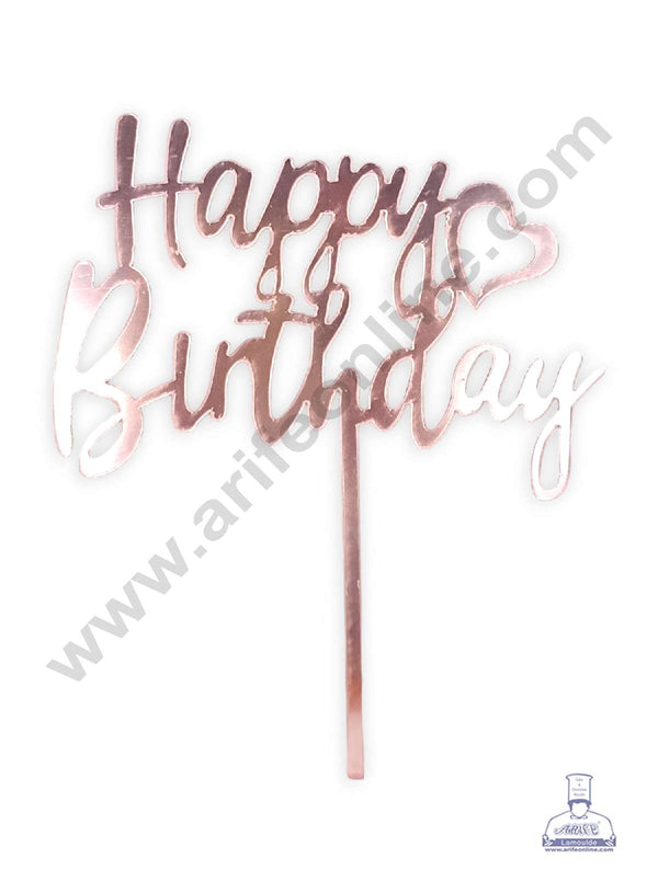 CAKE DECOR™ Pink Mirror Finishing Acrylic Happy Birthday with Heart Cake Topper SBMT-N-028