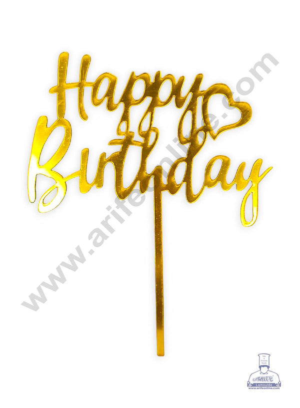CAKE DECOR™ Gold Mirror Finishing Acrylic Happy Birthday with Heart Cake Topper SBMT-N-027