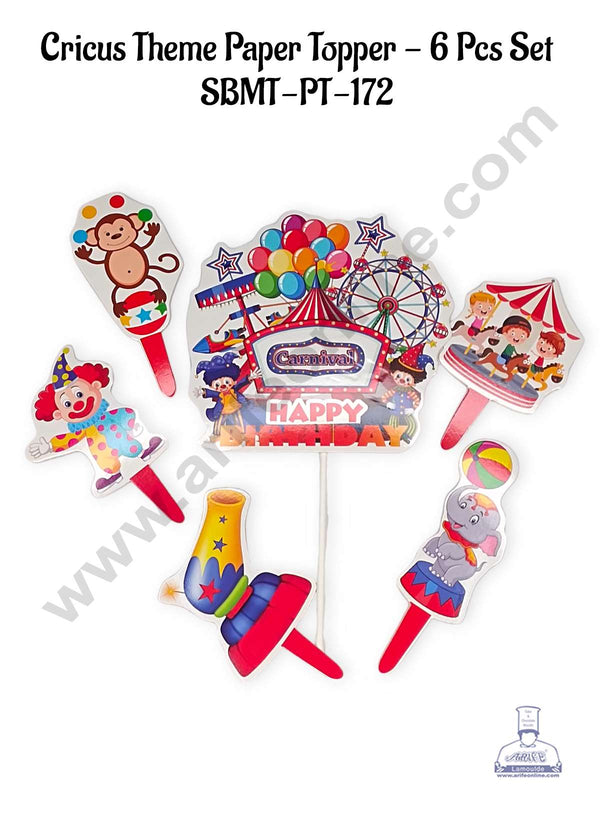 CAKE DECOR™ 6 pcs Happy Birthday Circus / Carnival Theme Paper Topper For Cake And Cupcake (SBMT-PT-172)