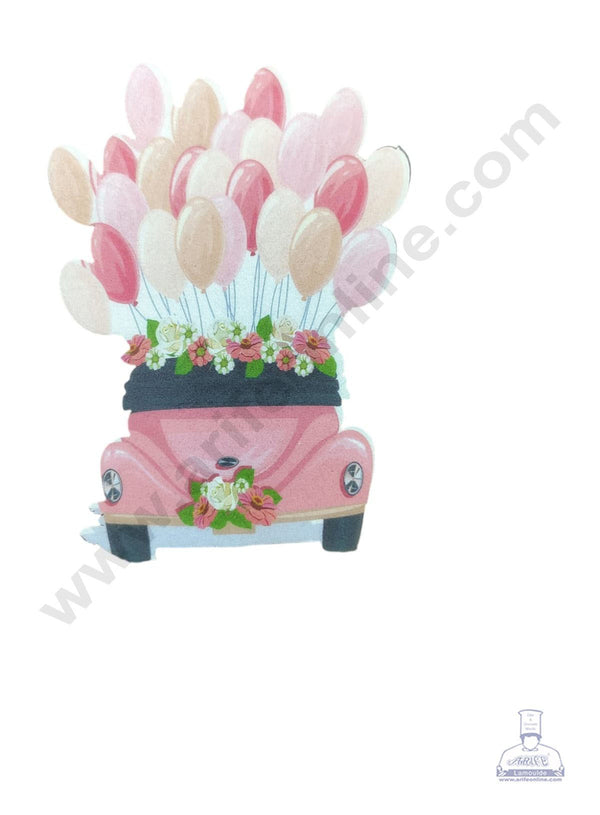 CAKE DECOR™ Edible Theme Topper Pre Cut Wafer Paper High Quality - Pink Vintage Car With Balloons - ( 1 pc Pack ) SB-WPC-3105