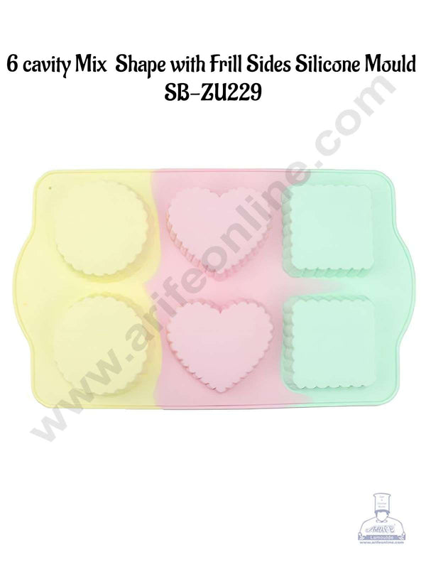CAKE DECOR™ 6 cavity Mix Round, Square, Heart with Frill Sides Shape Rainbow Silicone Mould SB-ZU229