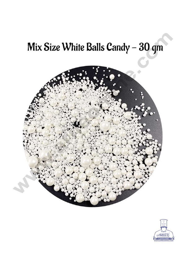 CAKE DECOR™ Sugar Candy - Mix Size White Balls Candy - 30 gm