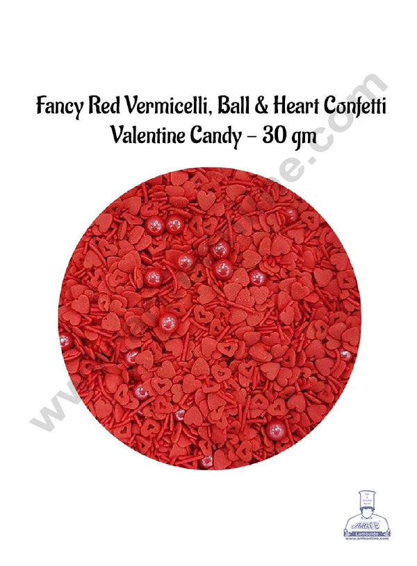 CAKE DECOR™ Sugar Candy  - Fancy Sprinkles Red Vermicelli Red Ball and Heart Confetti Valentine Sprinkles and Candy - 30 gm