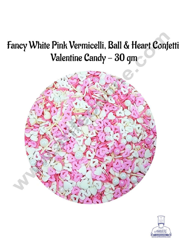 CAKE DECOR™ Sugar Candy - Fancy Sprinkles White Pink Vermicelli Ball and Heart Confetti Valentine - 30 gm