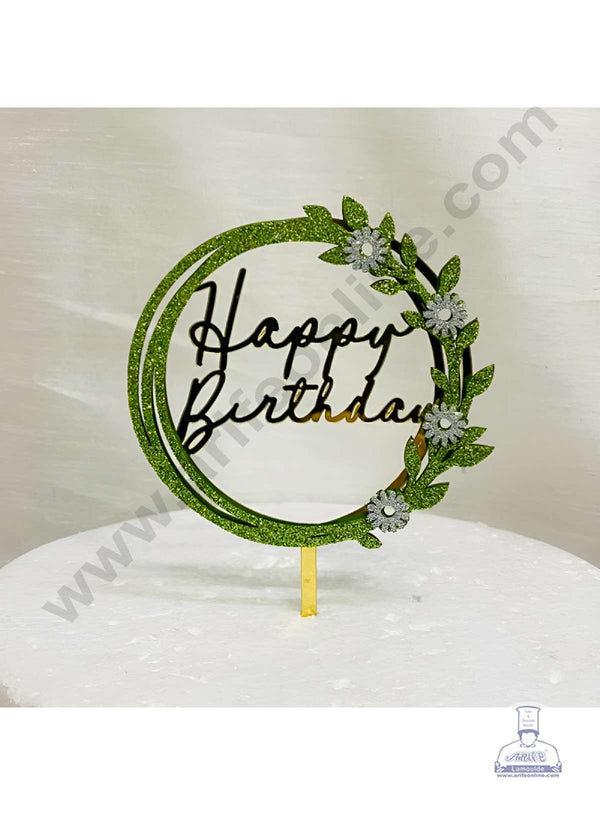 CAKE DECOR™ 5 inch Acrylic Happy Birthday in Green Glitter Round Frame with Silver Glitter Flower Cake Topper(SBMT-G-4027)