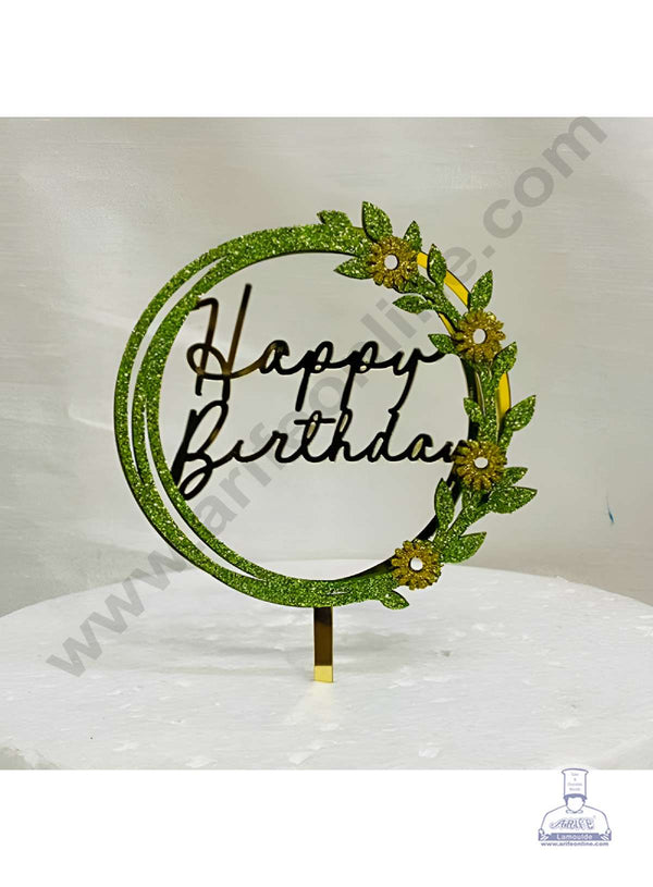 CAKE DECOR™ 5 inch Acrylic Happy Birthday in Green Glitter Round Frame with Yellow Glitter Flower Cake Topper(SBMT-G-4029)
