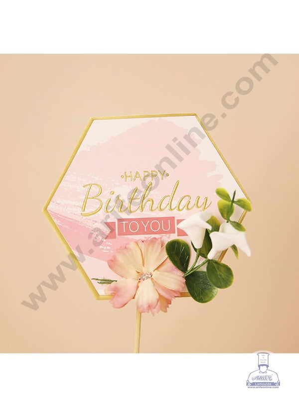 CAKE DECOR™ 5 Inch Imported Printed Cake and Cupcake Topper - Happy Birthday Floral Hexagon (SBMT-IMP-033)
