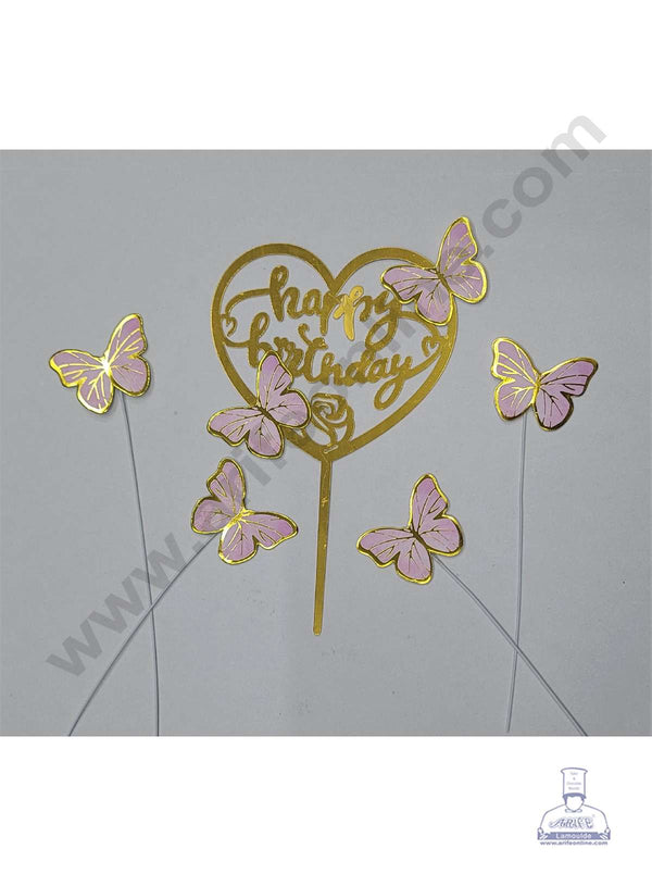 CAKE DECOR™ 5 Inch Printed Imported Cake and Cupcake Topper - Happy Birthday Set of 4 Piece Pink Butterfly and 1 Piece Acrylic Happy Birthday Topper (SBMT-IMP-038-Pink)