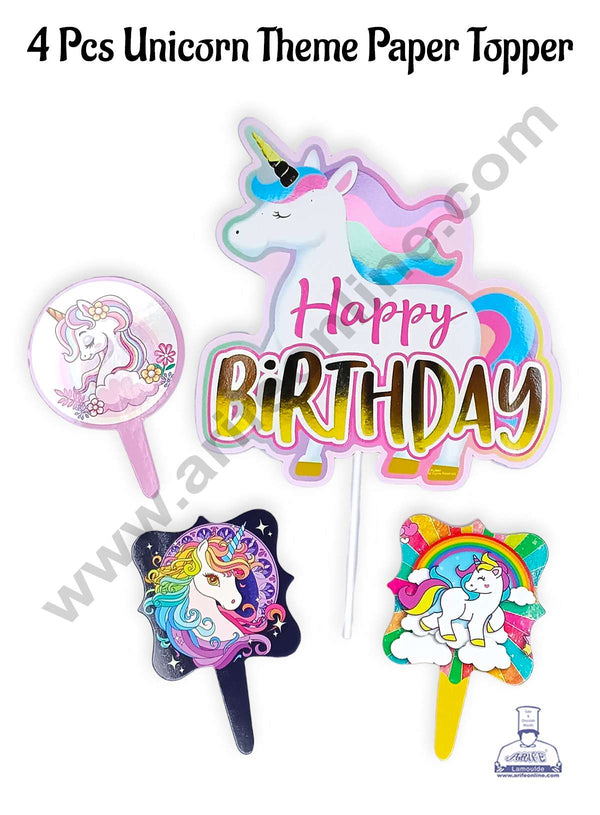 CAKE DECOR™ 4 pcs Unicorn Theme Paper Topper For Cake And Cupcake | Assorted Design (SBMT-PT-174)