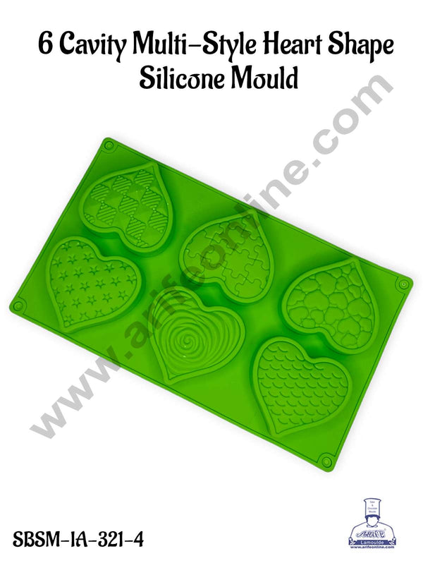 CAKE DECOR™ 6 Cavity Multi-Style Heart Shape Silicone Mould | Jelly & Soap Mould | Baking Mould - SBSM-IA-321-4