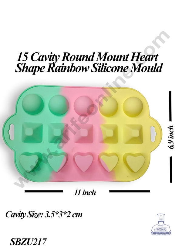 CAKE DECOR™ 15 Cavity Round Mount Heart Shape Dessert Cake Rainbow Silicone Mould (SBZU217)