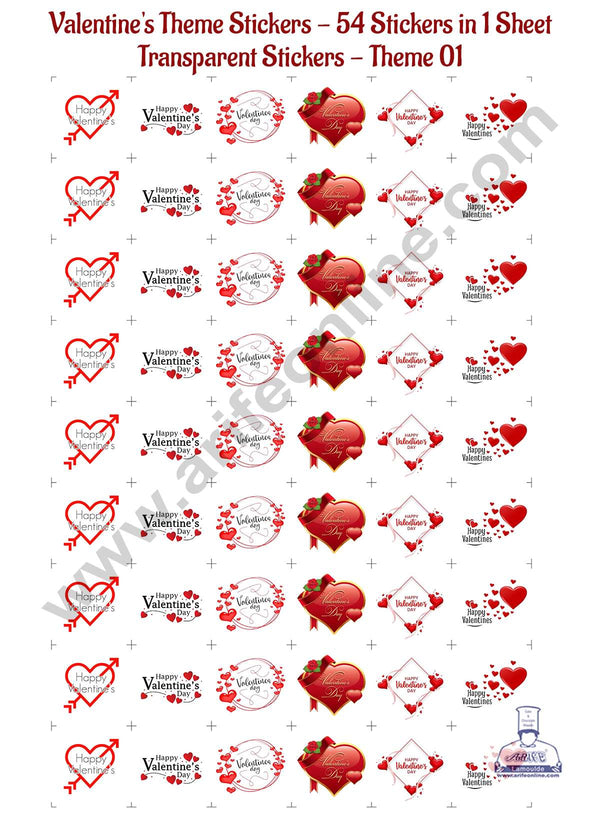 CAKE DECOR™ Valentine's Theme Transparent Stickers - 54 in 1 Sheet (Theme 01)