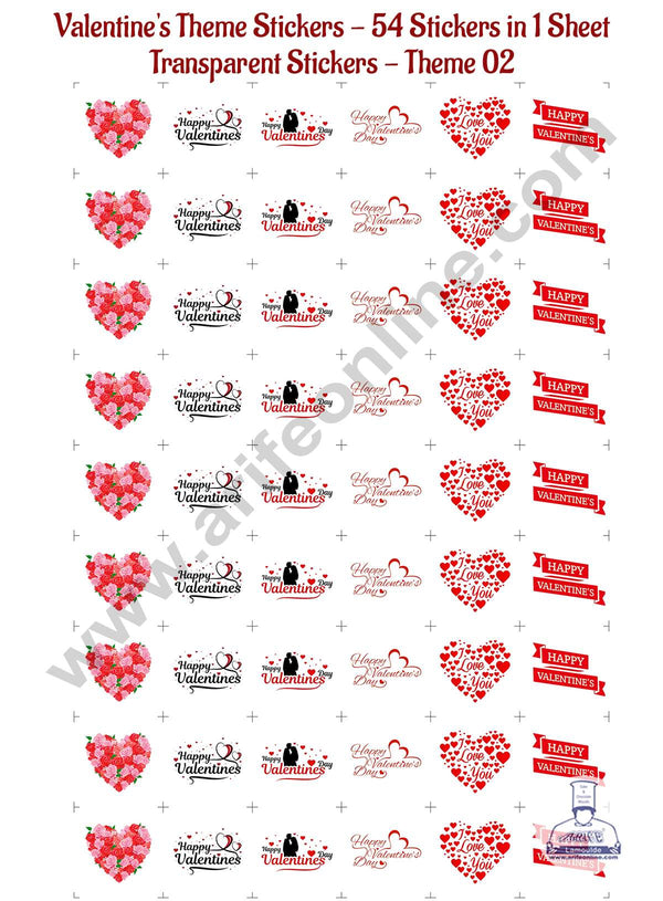 CAKE DECOR™ Valentine's Theme Transparent Stickers - 54 in 1 Sheet (Theme 02)