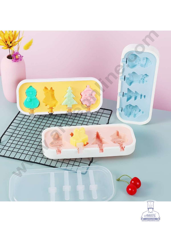 CAKE DECOR™ 4 Cavity Snowman, Bell, Christmas Tree & Santa Claus Shapes IceCream Mould | Cakesicle Mould | Popsicle Mould