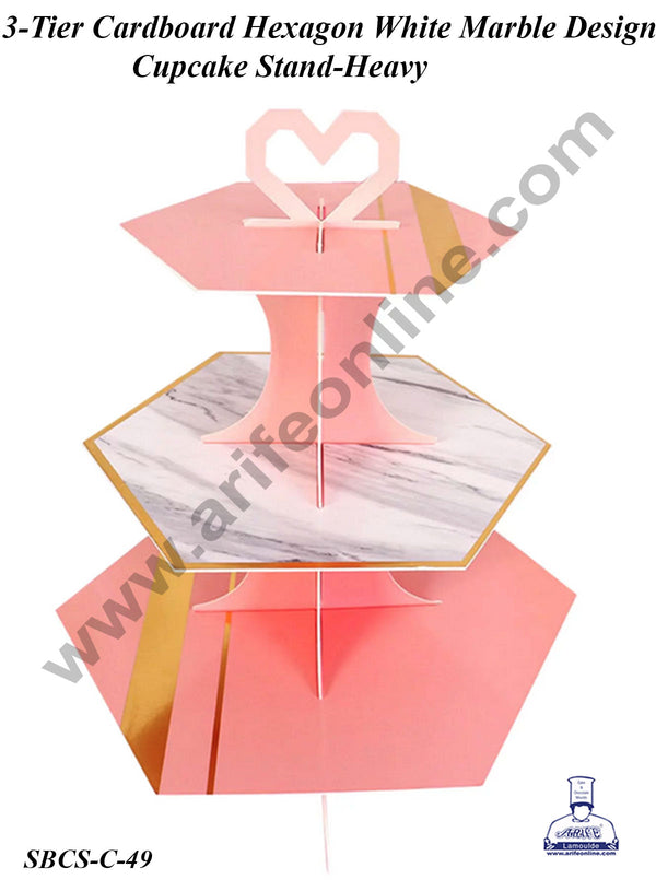 Cake Decor™ 3-Tier Cardboard Hexagon White Marble Design Cupcake Stand-Heavy