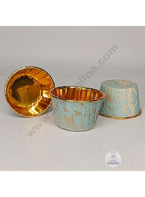 CAKE DECOR™ Marble Theme Golden Foil Coated Paper Muffin Cups - Blue & Cream (50 Pcs)