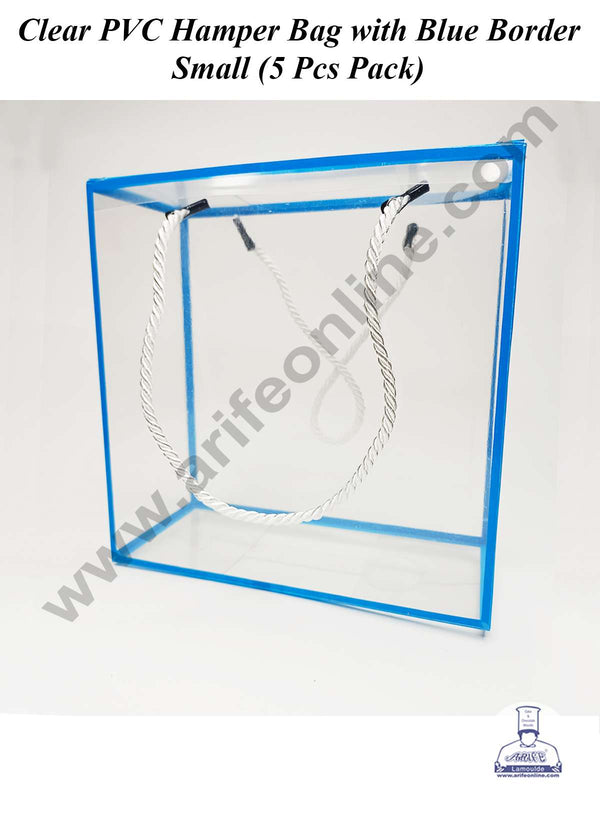 CAKE DECOR™ Small Clear PVC Hamper Bag with Blue Border | Gift Box | Gift Bag with Handle (5 Pcs Pack)