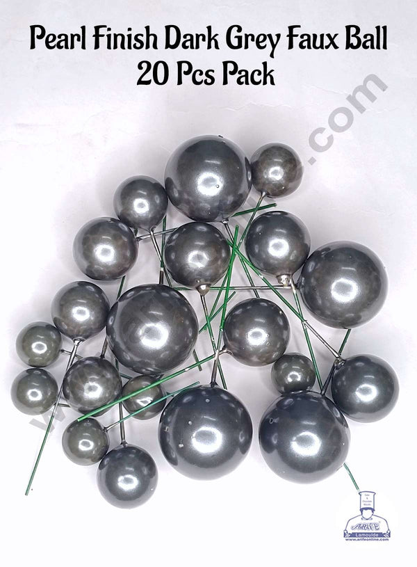 CAKE DECOR™ Pearl Finish Dark Grey Faux Balls Topper For Cake and Cupcake Decoration - (20 Pcs Pack)
