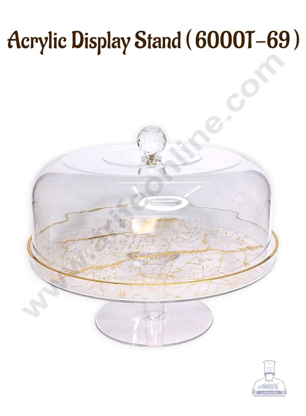 CAKE DECOR™ Transparent Acrylic Round Cake Plate with Golden Marble Pattern with Crystal Style Knob | Display Cake Stand - (6000T-69)