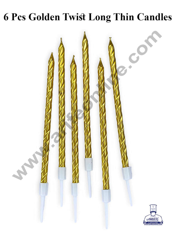 CAKE DECOR™ 6 Pcs Gold Twist Long Thin Candle for Cake and Cupcake Decorations