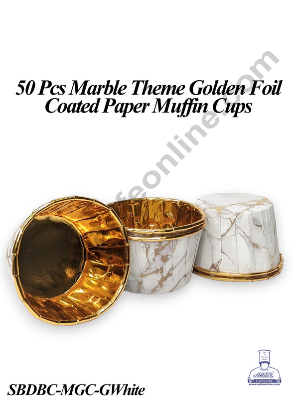 CAKE DECOR™ 50 Pcs Marble Theme Golden Foil Coated Paper Muffin Cups - Gold & White (SBDBC-MGC-GWhite)
