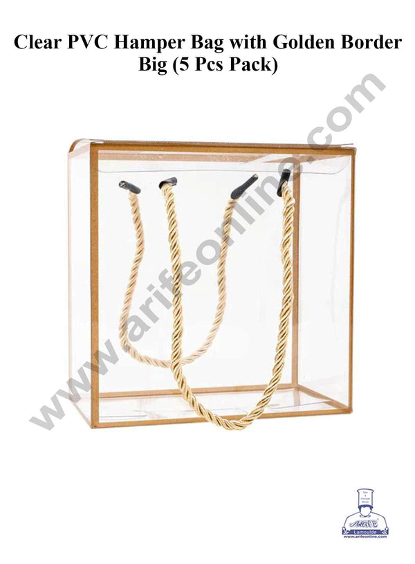CAKE DECOR™ Big Clear PVC Hamper Bag with Golden Border | Gift Box | Gift Bag with Handle (5 Pcs Pack)