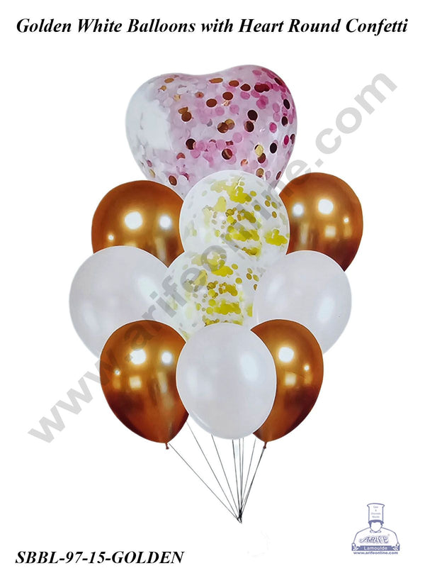 Cake Decor™ Golden White Balloons wit Heart Round Confetti Balloons Set ( Pack of 10 Pcs )