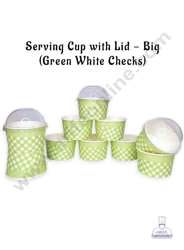 CAKE DECOR™ Big Green White Checks Serving Cup with Lid  | Ice Cream Tub (10 Pcs Pack)