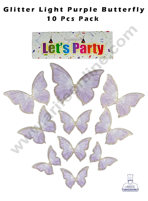 CAKE DECOR™ 10 pcs Let's Party Glitter Light Purple Butterfly Paper Topper For Cake And Cupcake