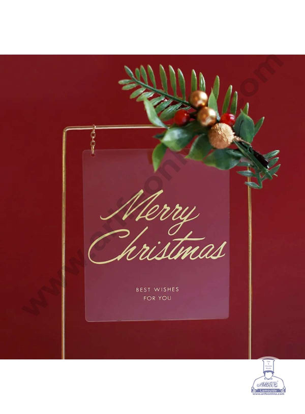 CAKE DECOR™ 7 Inch Shiny Metal Rectangle Transparent Merry Christmas Cake Topper With Artificial Flowers Cake Decorating