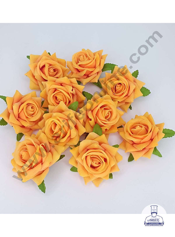 CAKE DECOR™ Medium Velvet Rose Artificial Flower For Cake Decoration – Orange Yellow ( 10 pcs Pack )