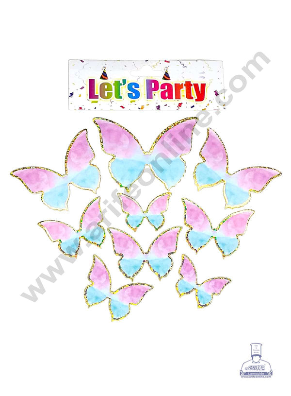 CAKE DECOR™ 10 pcs Let's Party Pink Blue with Golden Sparkle Border Butterfly Paper Topper For Cake And Cupcake