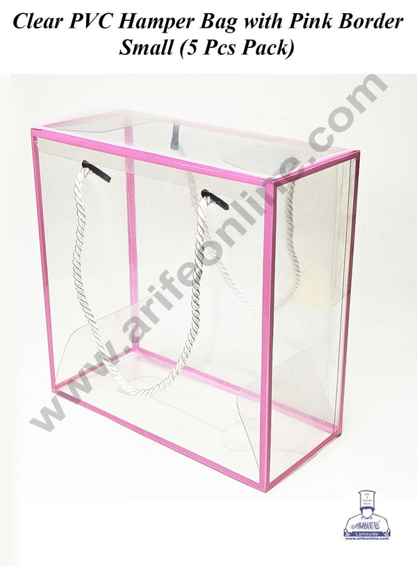 CAKE DECOR™ Small Clear PVC Hamper Bag with Pink Border | Gift Box | Gift Bag with Handle (5 Pcs Pack)