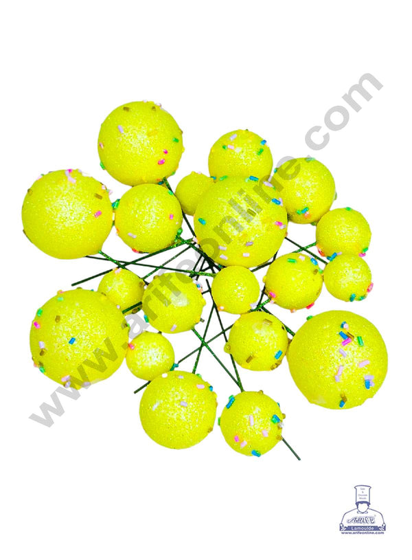 CAKE DECOR™ Glitter Lime Yellow with Sprinkles Faux Balls Topper For Cake and Cupcake Decoration - ( 20 pcs Pack )